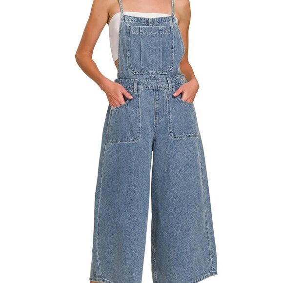 Zenana Denim Medium Washed Wide Leg Overalls - Picture 2 of 15